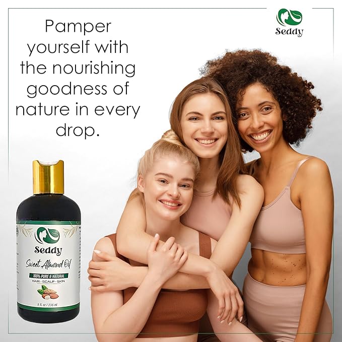 Seddy Sweet Almond Oil - 100% Pure & Natural Carrier Oil for Skin, Face, Hair, Soap Making, Essential Oils & Aromatherapy - Premium Moisturizer & Softener, Hexane-Free - 8 Fl. Oz