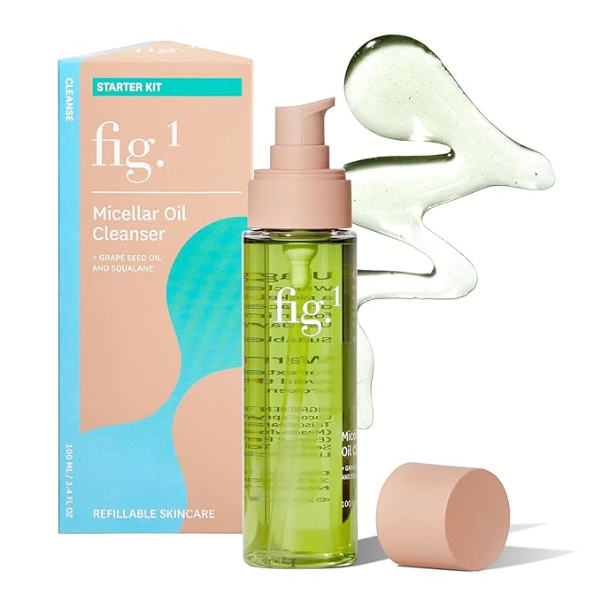Fig.1 Micellar Oil Cleanser for Face - Makeup Remover Cleansing oil, Facial Cleanser - Squalane & Grapeseed Oil Formula, Cleanse without Clogging Pores, Acne-Prone Facial Skincare, Refillable 3.4 Oz