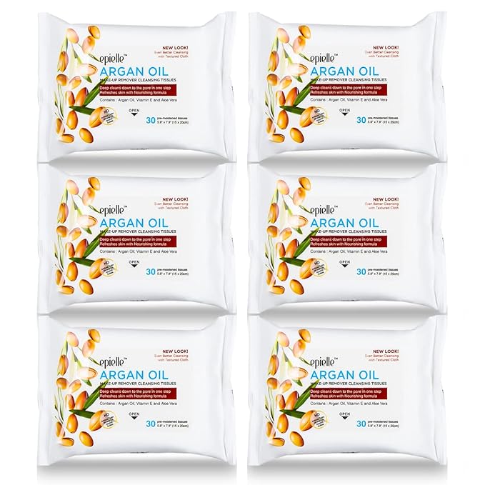 Epielle Argan Oil Makeup Remover Wipes, Gentle Daily Facial Cleanser Towelettes, Remove Dirt, Oil & Waterproof Mascara, Hypoallergenic & Alcohol-Free, 30 Count (Pack of 6)