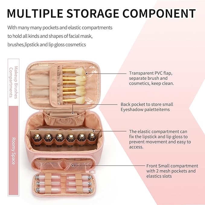 OCHEAL Makeup Bag, Multifunctional Make Up Bags Large Compact Makeup Bag Organizer Cosmetics Toiletry Brushes Storage Case for Women Girls Makeup Case with Handle Divider-Pink Large