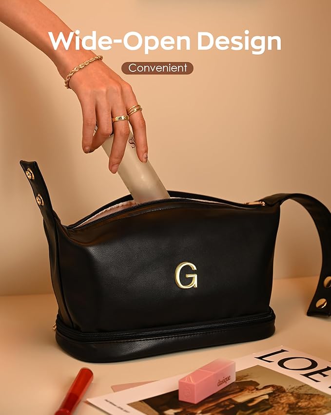 Birthday Gifts for Women, Personalized Makeup Bag with Handle, Initial Double Layer Cosmetic Bag with Makeup Brush Organizer, PU Leather Travel Toiletry Bag, Gifts for Friends Female Mom