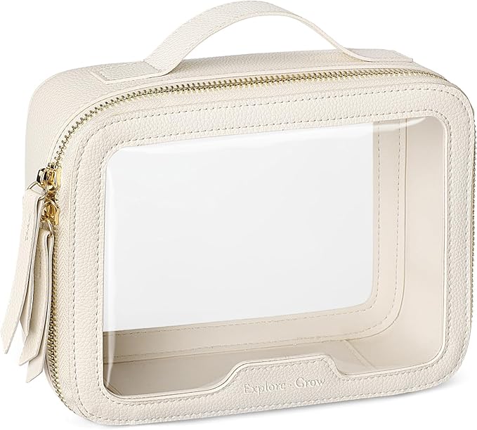 PACKISM Medium Clear Makeup Bag - PU Leather Clear Travel Bags for Toiletries Car Bag for Essentials, with Message Card Cosmetic Bags Makeup Case for Women Gift (Cream Medium)