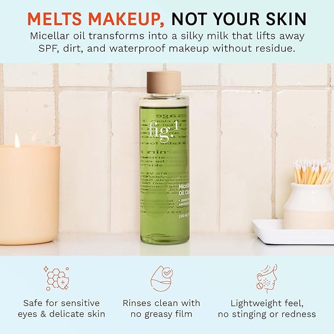 Fig.1 Hydrating Oil Cleanser for Face Refill | Micellar Makeup Remover with Grapeseed & Squalane, Deep Cleansing Oil-Based Formula, Non-Stripping & Refillable, 3.4 Fl/oz