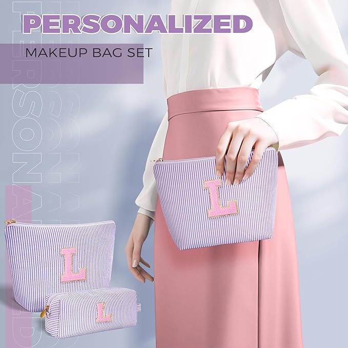 Dance Recital Gifts for Girls - Cosmetic Bag for Teen,Initial Cute Makeup Bag Set for Women,Trendy Pouch for Niece Sister Friend Female Her,Birthday Gifts for Daughter - Lavender,L