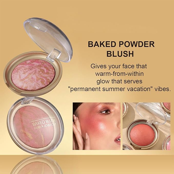 Baked Blush, Marbleized Blush for Cheeks, Shimmery Satin Finish Blushes Powder Palette, Buildable Color Natural Face Makeup Powder