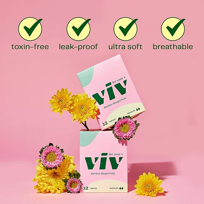 Viv for Your V Bamboo Organic Pads for Women | Soft, Thin, Absorbent Sanitary Pads with Wings | Unscented, Earth-Friendly | Postpartum Gift for Mom | Regular Absorbency (12 Pack)