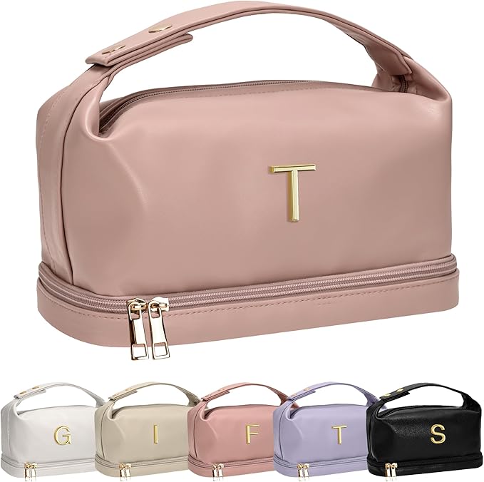 Graduation Gifts for Daughter-Initial Cosmetic Bag Handle, PU Leather Makeup Bags Letter Travel Toiletry Bag with Makeup Brush Organizer-Bridesmaid Proposal Gifts-Daughter Graduation Gifts