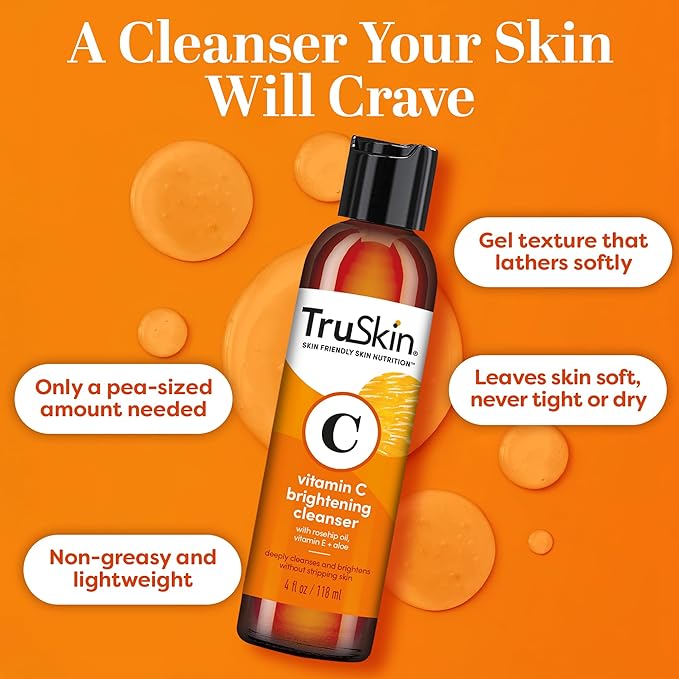 TruSkin Vitamin C Cleanser for Face - Brightening Face Wash with Vitamins C & E, Rosehip Oil, Aloe Vera and MSM - Deep Clean and Refresh for Radiant, Healthy-Looking Skin, 4 fl oz