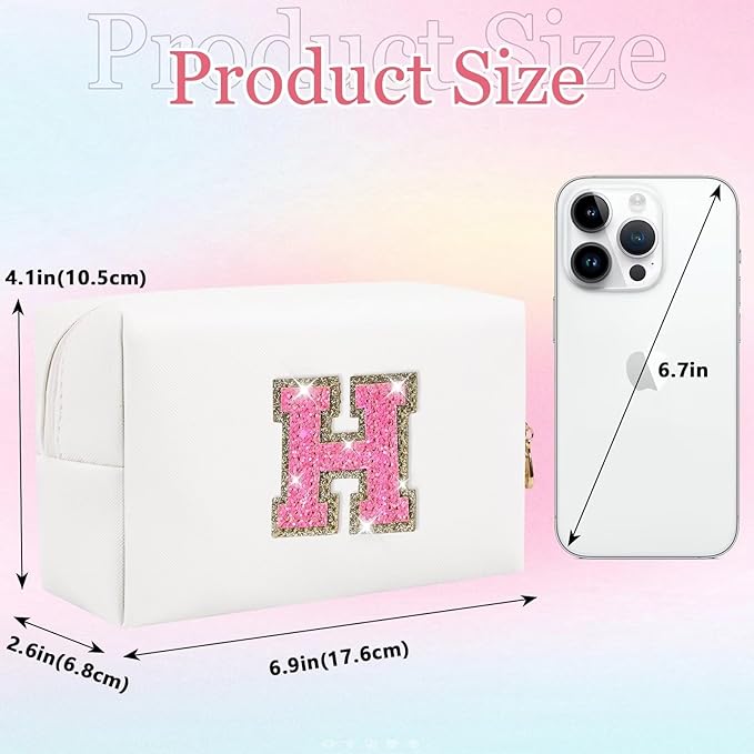Small Personalized Glitter Initial Letter Makeup Bag, Cute PU Leather Chenille Letters Cosmetic Bag Travel Makeup Pouch, Preppy Travel Organizer Zipper Pouch for Women&Girls（WhiteRosePink-H）