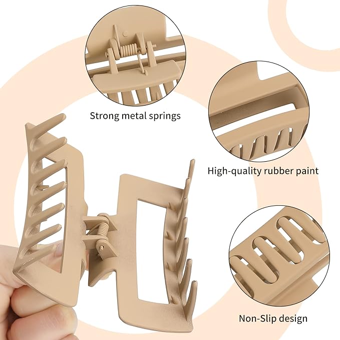4 Inch Big Hair Claw Clips 6 Pcs Large Claw for Thick Hair Square Hair Clips for Women Rectangle Hair Clips Nonslip Acrylic Banana Jaw Clips Hair Accessories for Girls (Brown)