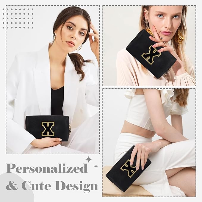Personalized Initial A-Z Preppy Patch Makeup Bag,Small PU Chenille Letter Cosmetic Bag with Zipper for Teen Girls,Black Cute Toiletry Organizer Bag,Monogram Makeup Case Gift for Women Girls,Letter X