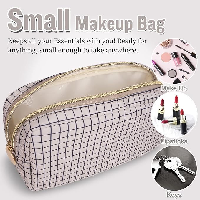 Nylon Small Makeup Bag for Purse, Cute Checkered Makeup Bag Preppy Cosmetic Zipper Pouch Purse, Waterproof Portable Travel Toiletry Bag Clutch Make Up Brush Bag Organizer for Women Girls(Checkered)