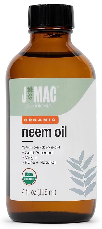 J Mac Botanicals Organic Neem Oil for Skin (4 oz Glass Bottle NO Dropper) - 100% Pure Concentrate Undiluted for Hair and Plants - Essential, Cold Pressed
