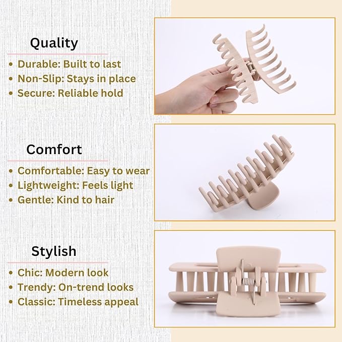 LuSeren Hair Clips for Women 4.3 Inch Large Hair Claw Clips for Women Thin Thick Curly Hair, Big Matte Banana Clips,Strong Hold jaw clips,Neutral Colors