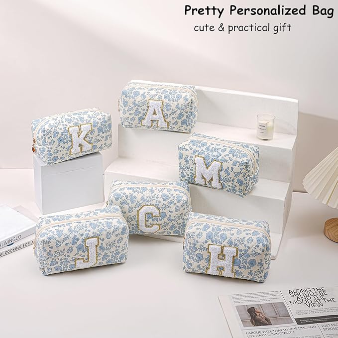 Gleyemor Personalized Initial Makeup Bag for Women, Cute Quilted Blue Floral Cotton Cosmetic Bag, Christmas Gifts for Her Mom Friend Sister Bridesmaid Teacher Women P