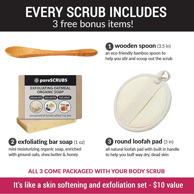 pureSCRUBS Premium Eucalyptus Body Scrub Set - Large 16oz Dead Sea Salt Body Scrub With Infused Essential Oils & Nutrients, Includes Wooden Spoon, Loofah & Oatmeal Exfoliating Bar Soap