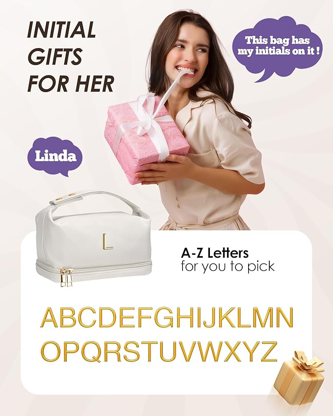 Gifts for Mom, Letter Makeup Bag, Personalized Double Layer Cosmetic Bag with Makeup Brush Organizer, Birthday Gifts for 5 6 7 8 9 10 11 12 Year Old Girls-Graduation Gifts for Her