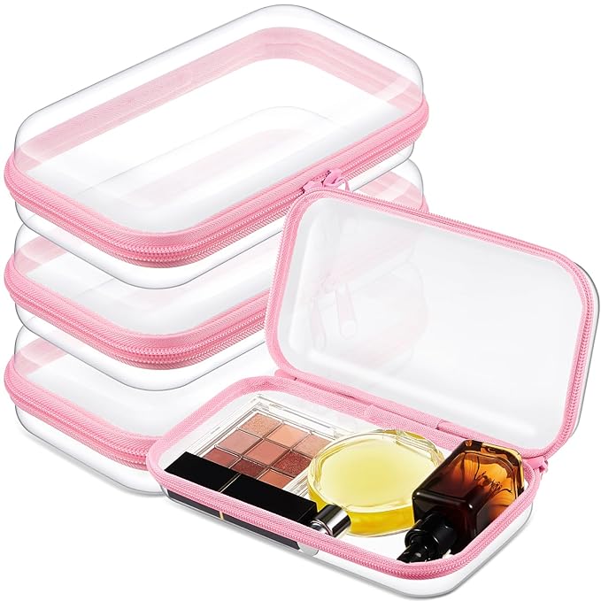 Hoolerry 3 Pcs Clear Hard Zipper Case Plastic Pouch Transparent Hard Case Clear Makeup Bag Portable Travel Organizer Bin for Cosmetics, Building Blocks, Puzzles(Pink,S)