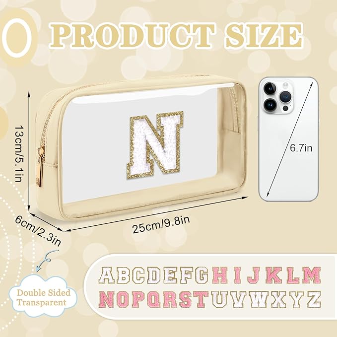 Small Clear Personalized Initial Makeup Bag,Nylon Preppy A-Z Chenille Letter Patch Cosmetic Pouch Beach Toiletry Bag,Waterproof Zipper Travel Purse Storage Bag Organizer for Women Girls(Beige-White N)