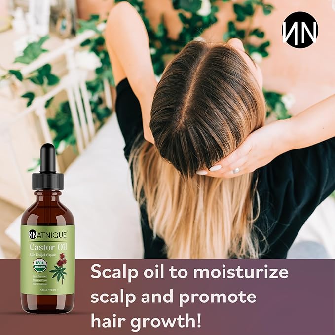 Natnique Castor Oil 4oz – USDA Certified Organic, 100% Pure Cold Pressed Unrefined Oil for Hair Growth, Eyelashes, Eyebrows & Scalp – Natural Skin Moisturizer, Lash Serum & Hair Treatment