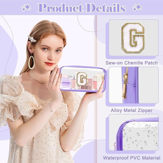 Personalized Initial Letter Clear Makeup Bag,Preppy Small Nylon&PVC Cosmetic Zipper Bag with Chenille Letter,Travel Skincare Toiletry Bag,Monogram Christmas Gift for Teen Girls Women,G
