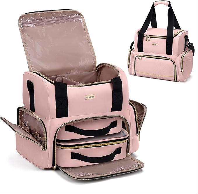 Large Makeup Cosmetic Bag with 2 Removable Case, Double Layer Travel Makeup Organizer Case, travel Toiletry Bag For Women, Pink