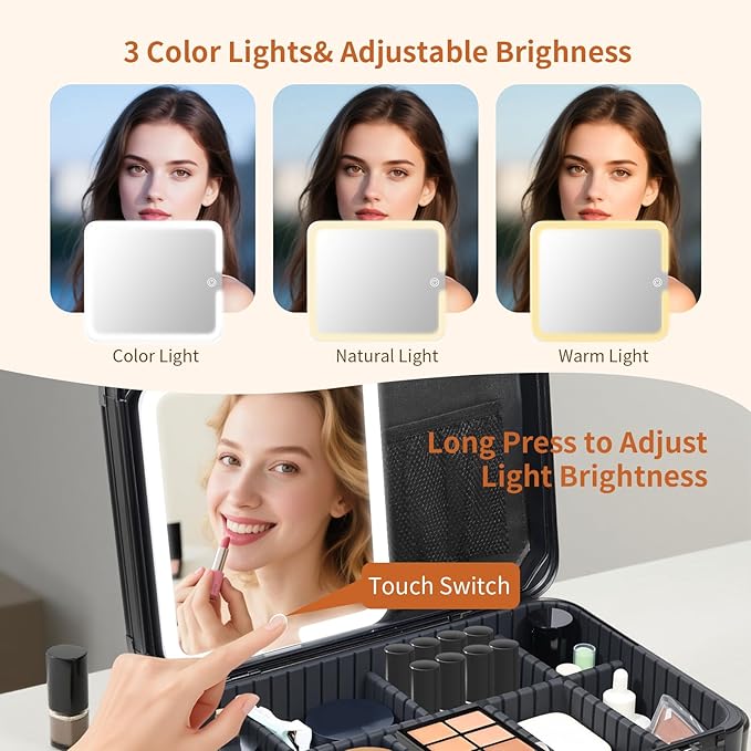 15"x11" Makeup Case with Lighted Mirror & Brush Holder - Waterproof Travel Organizer, Customizable Storage, Rechargeable LED Vanity for Women (black)