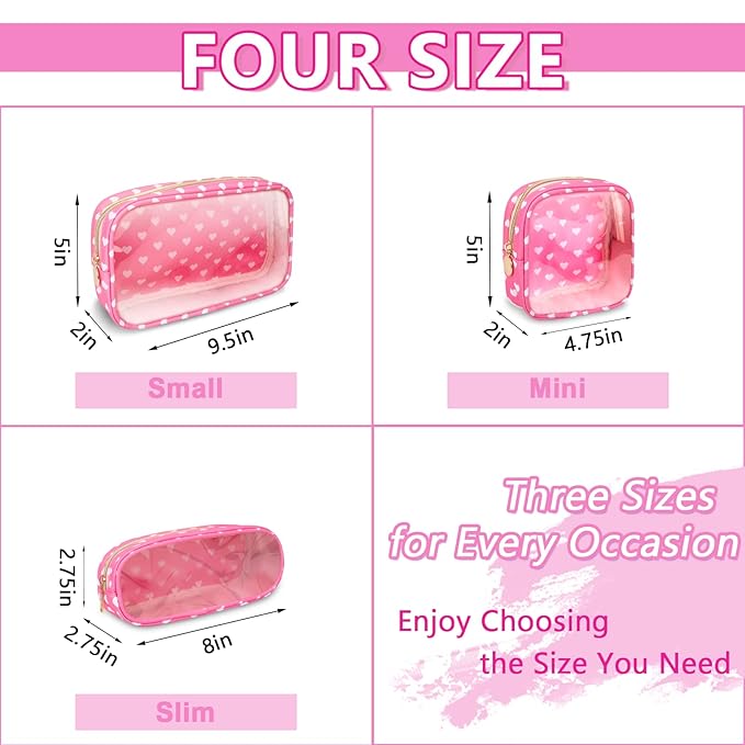 Clear Small Pencil Pouch Makeup Bag for Purse,Nylon&PVC Pencil Case Waterproof Makeup Brush Holder with Zipper,Preppy Transparent Pen Bag Travel Cosmetic Bag for Women Office(Slim-Pink Heart)