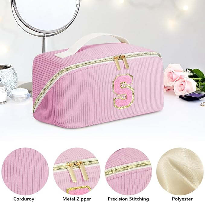 Personalized Initial Makeup Bag,Christmas Gifts for Girl,Preppy Bag Cosmetic Travel Bag Women,Travel Toiletry Organizer,Large Capacity Corduroy Stuff Bag,Cute Cosmetic Pouch Skincare Bag-U