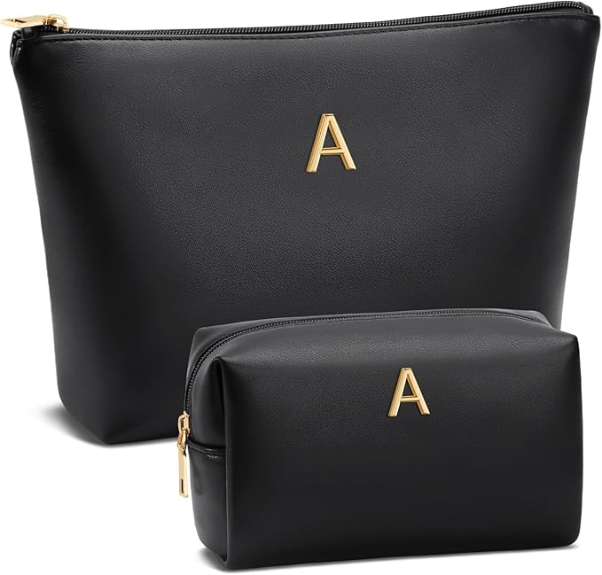 Women Gifts | Initial Makeup Bag Set for Girl Personalized Gifts for Bridesmaid Friend Graduation Teachers PU Leather Cosmetic Travel Toiletry Bag(Black,A)