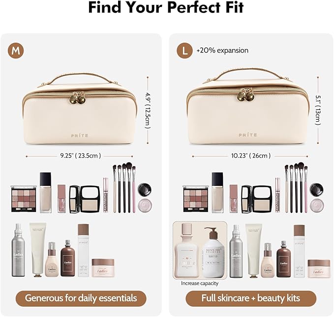 Prite Makeup Bag for Women Travel Waterproof Vegan Leather Cosmetic Bag Open Flat Toiletry Bag With Clear Divider and Handle (Beige)