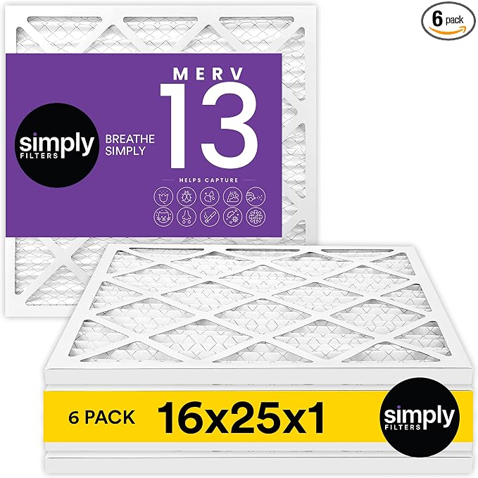 Simply 16x25x1 Air Filter, Merv 13, 6 Pack, by SimplyFilters