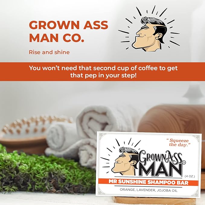 Grown Ass Man Co. - Solid Shampoo Bar Rich Lather 3 in 1: Hair, Beard & Body Wash - Plastic Free & Eco-Friendly, Natural & Organic Clean for All Hair Types, 4oz Bar (Mister Sunshine, 6-Pack)