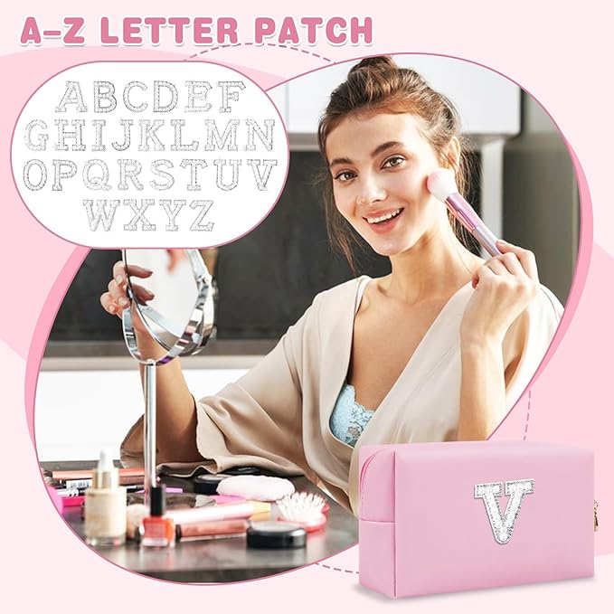 ChaoGreat Bride Gifts – Personalized Initial Makeup Bag with Pearl Rhinestone Patch, Preppy Pink Monogram Cosmetic/Toiletry Pouch, bridesmaid Gifts, Bridal Shower Gifts, Wedding Gifts, Bridal Gifts,V
