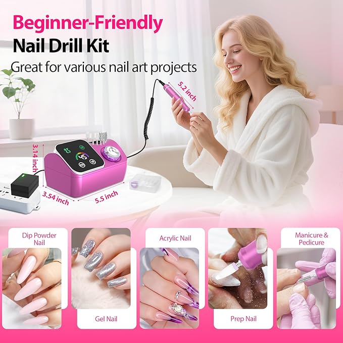 Professional Electric Nail Drill E-File Machine - 45,000 RPM Corded Nail Drills Kit with Low Noise & LED Display for Shaping, Removing & Polishing Acrylic Gel Nails for Salon Home