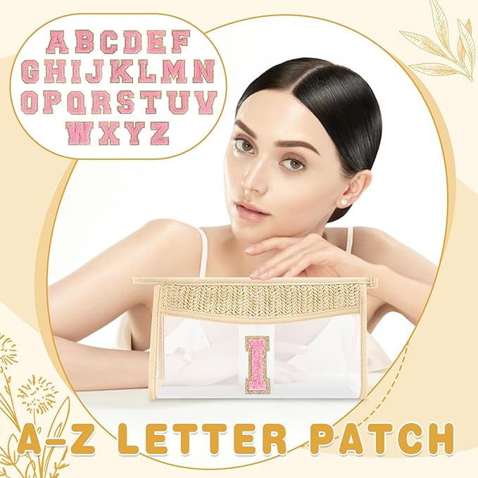 Small Boho Straw Initial Letter Makeup Bag Personalized Gift ,Cute Clear Chenille Patch Makeup Bag With Zipper,Trendy TSA Approved Travel Toiletry Bag,Gift for Women Girls Birthday Friend, Letter I