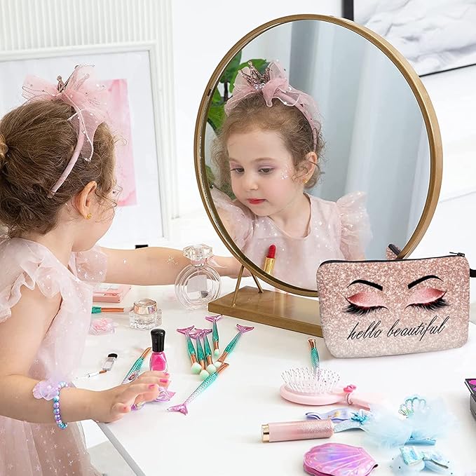 Hello Beautiful Makeup Bag for Purse Eyelash Pink Cosmetic Bags for Women Inspirational Gift Small Funny Cosmetics Glitters Eyeshadows Travel Bag Cases for Toiletries Accessories Organizer