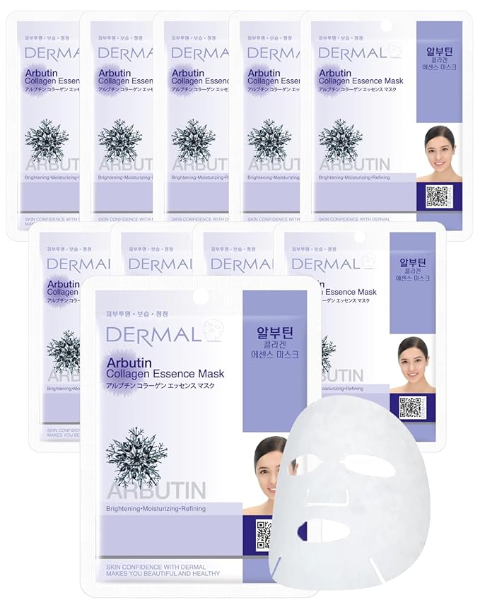 DERMAL Arbutin Collagen Essence Facial Mask Sheet 23g Pack of 10 - Anti Aging for Troubled Skin, Daily Skin Treatment Solution Sheet Mask