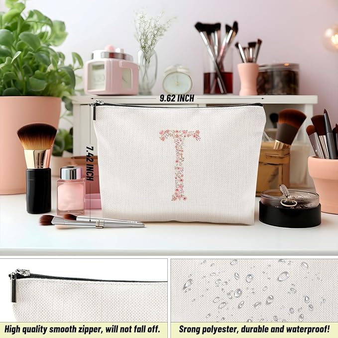 Initial Makeup Bag Floral T Personalized Cosmetic Bag Monogrammed Gifts for Women Girls Friend Bestie Monogram Zipper Pouch for Teacher Appreciation Mothers Day Birthday Wedding Bridal Shower Gifts