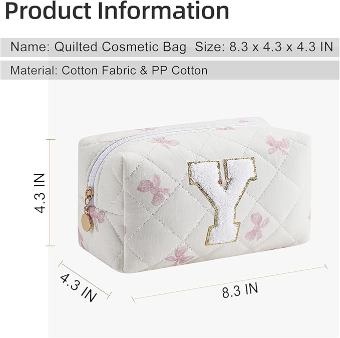 Gleyemor Personalized Initial Makeup Bag for Women, Cute Quilted Pink Floral Cotton Cosmetic Bag, Christmas Gifts for Her Mom Friend Sister Bridesmaid Teacher Women Y