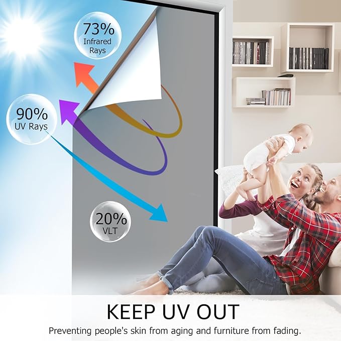 HIDBEA One Way Window Film, Daytime Privacy Sun Blocking Reflective Window Film No Glue Static Cling Heat Control Window Tinting Film for Home and Office, Gray Silver, 17.3 x 78.7 Inch