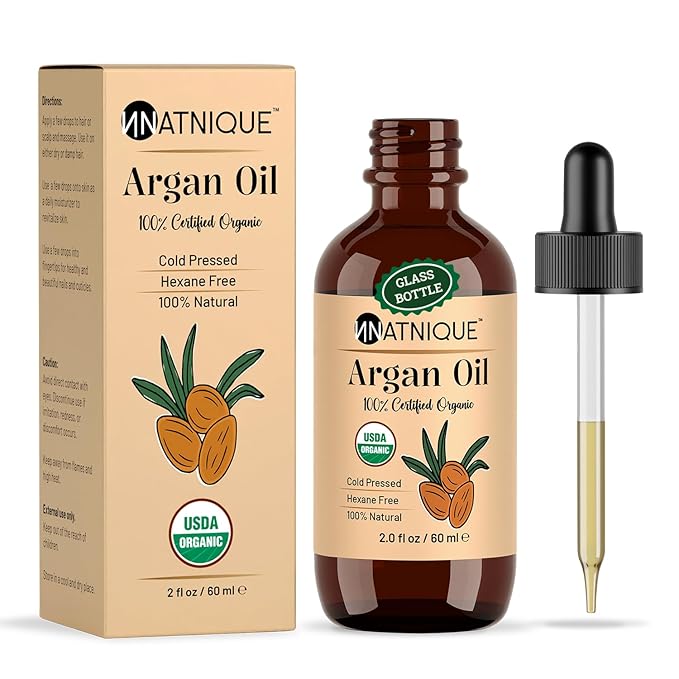 Natnique Organic Argan Oil, 2 oz – Pure Cold-Pressed Moroccan Oil from Morocco for Hair, Skin, Face & Nails – USDA Certified Organic, Virgin Aceite de Argan Cabello, Hexane-Free Moisturizer