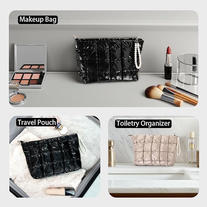Puffer Quilted Makeup Bag Travel Cosmetic Bag Portable Puffy Checkered Toiletry Pouch Skincare Organizer Purse Pencil Case (Sky Blue)