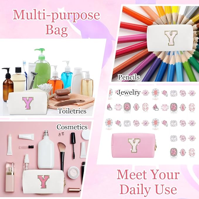 Small Personalized Glitter Initial Letter Makeup Bag, Cute PU Leather Chenille Letters Cosmetic Bag Travel Makeup Pouch, Preppy Travel Organizer Zipper Pouch for Women&Girls（Pink-Y）
