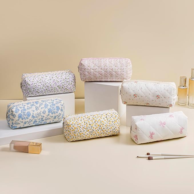 Cute Floral Cotton Makeup Brush Cosmetic Bag for Women, Travel Quilted Zipper Make Up Bag, Flowers Toiletry Organizer Case Kawaii Makeup Cosmetic Travel Cloth Pouch (Blue+Pink Bowknot)