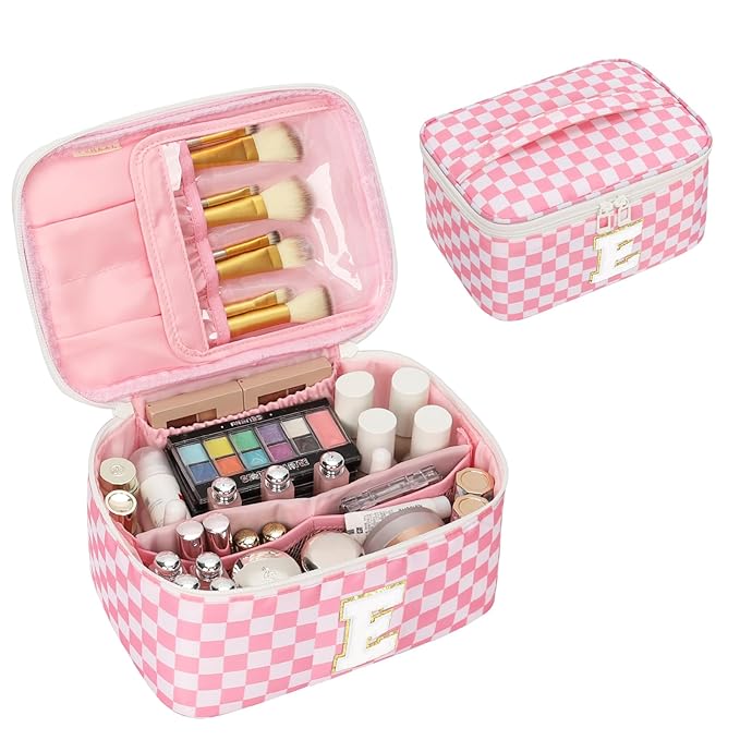 OCHEAL Makeup Bag for Women, Monogram Cosmetic Bag with Brush Holder, Pink Travel Makeup Case Beauty Toiletry Bag Organizer Personalized Gifts for Girls Bridesmaid, Sister, Wife, Friends Initial E