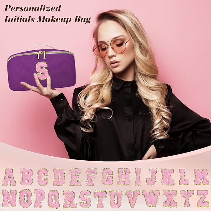 Personalized Initial Makeup Bag,Christmas Gifts for Girl,Preppy Bag Cosmetic Travel Bag Women,Travel Toiletry Organizer,Large Capacity Corduroy Stuff Bag,Cute Cosmetic Pouch Skincare Bag-X