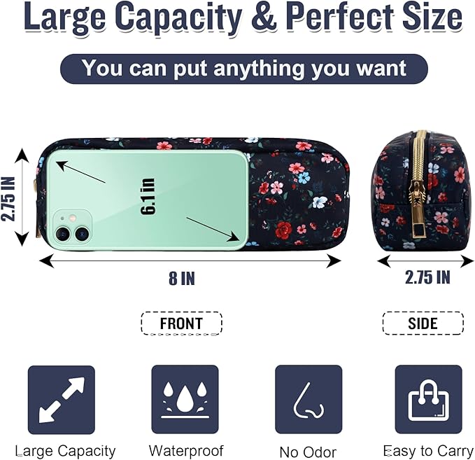 Nylon Small Floral Makeup Bag Slim Pouch, Preppy Cute Travel Makeup Brush Case Cosmetic Zipper Pouch for Purse, Waterproof Toiletry Bag Makeup Organizer Travel Essentials for Women(Navy Blue-Flower)