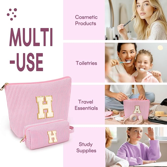 2 PCS Initial Makeup Bags for Women: Cosmetic Bag for Travel Toiletry - Birthday Gifts for 11 12 13 14 15 16 17 18 Years Old Girl Graduation Teacher Gift- Teen Girl Gifts Trendy Stuff - Pink H