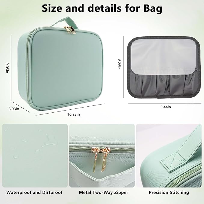 Travel Makeup Bag with LED Mirror Travel Makeup Organizer with 3 Lighted Settings, Adjustable Dividers and Makeup Brush Storage Bag Light Green